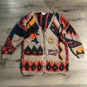 Vintage 80s 90s Together Knit Grandma Funky Cardigan Oversized Sweater Size XL